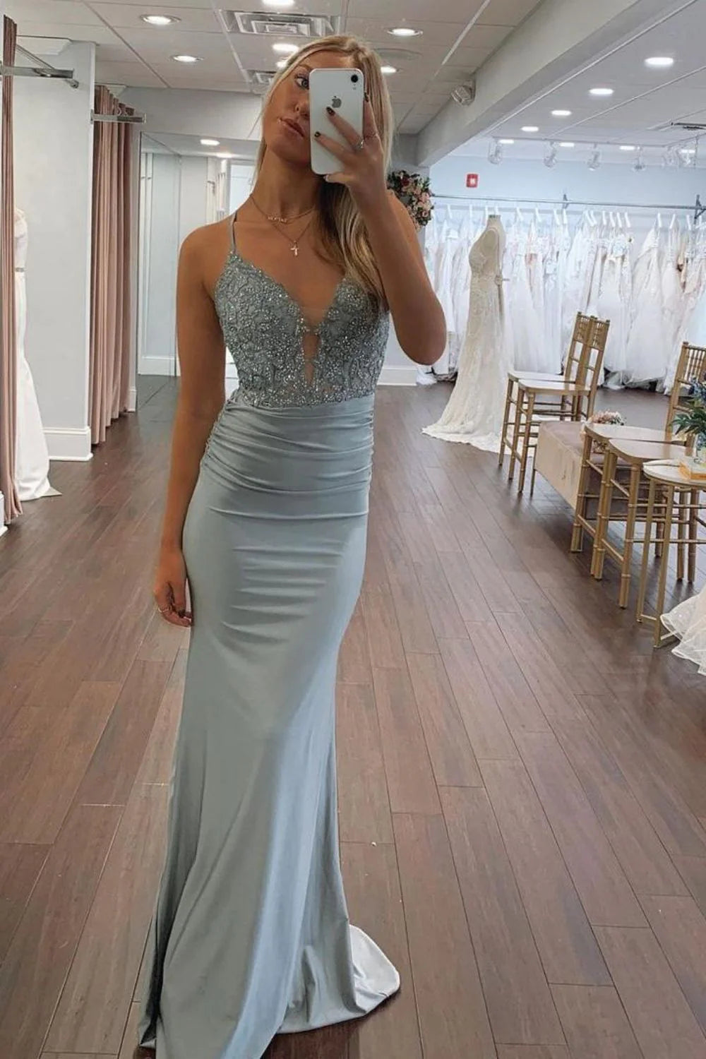 Dusty Green Mermaid Spaghetti Straps Lace Up Long Glitter Prom Dress